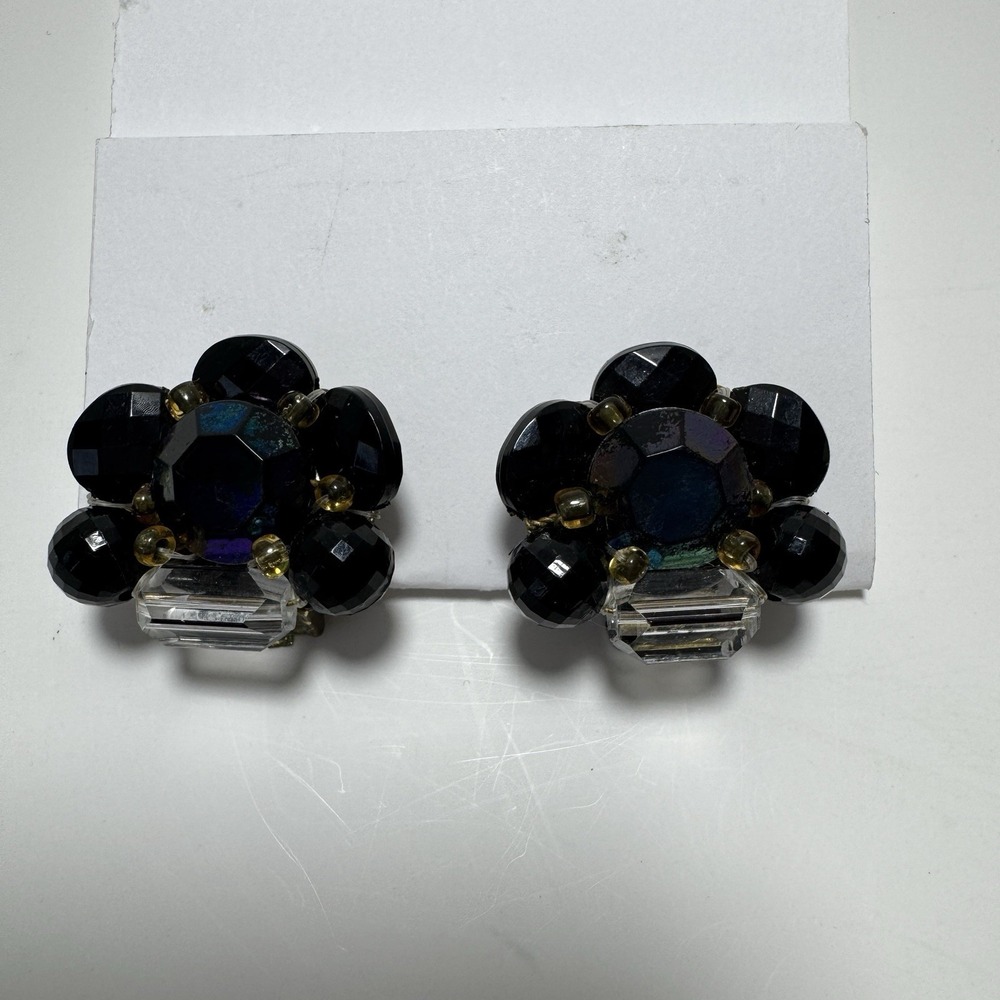 Vintage Clip On Earrings Black Beaded Stamped Germany